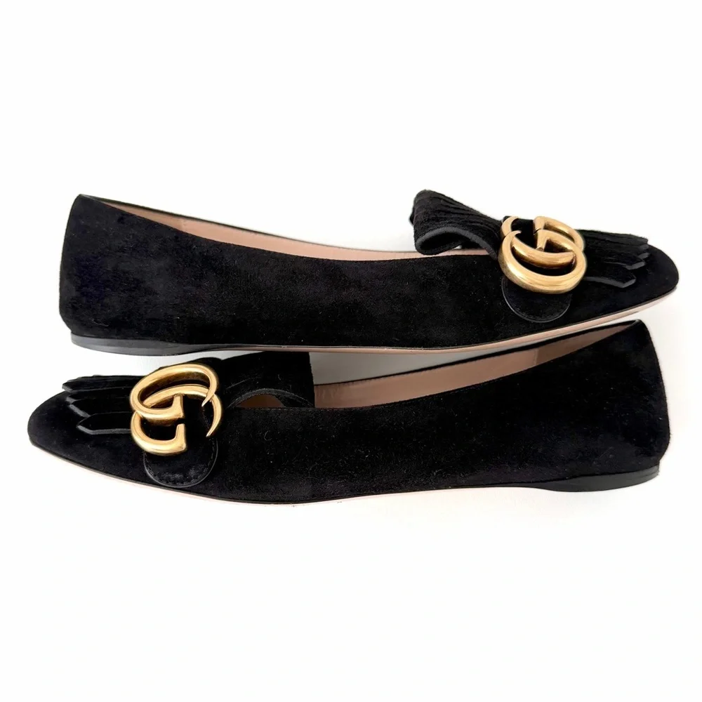 GUCCI | Marmont GG Fringe Suede Ballet Flats Black Gold Logo Size 37
